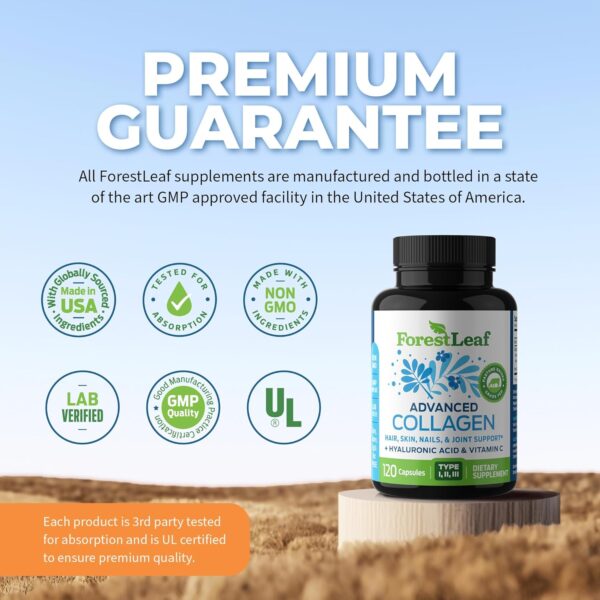 ForestLeaf Multi Collagen Pills with Hyaluronic Acid + Vitamin C | Hydrolyzed Collagen Supplements for Women or Men | Multi Collagen Capsules Peptides for Skin, Wrinkles, 120 Caps - Image 4