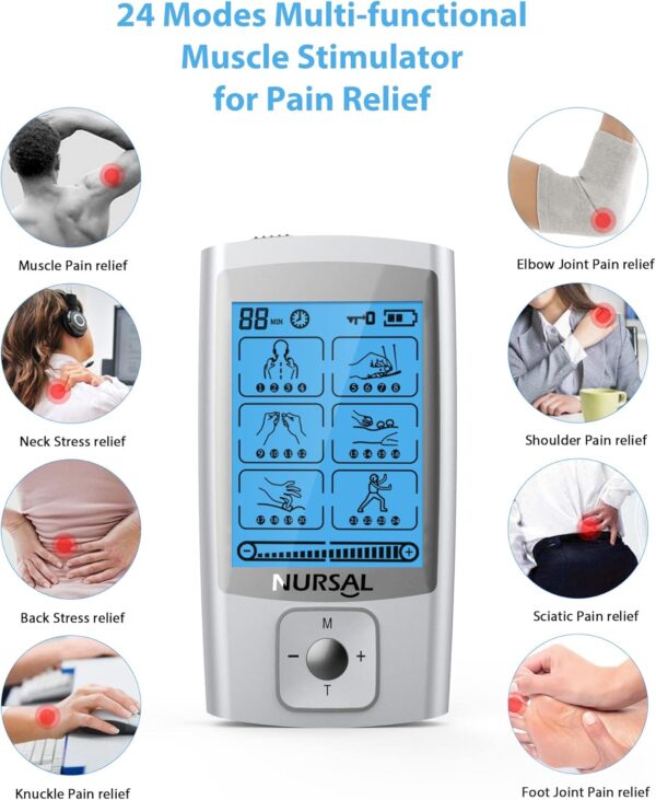 NURSAL 24 Modes TENS Unit Muscle Stimulator with Continuous Stimulation, Rechargeable Electronic Pulse Massager with 8 Pads for Back and Shoulder Pain Relief and Muscle Strength - Image 3
