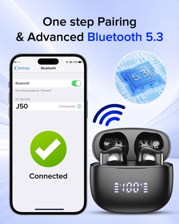 Wireless Earbuds Bluetooth 5.3 Headphones, Bluetooth Earbuds with Noise Cancelling Mic LED Display, Hi-Fi Stereo, 42H Playback, IPX7 Waterproof, Smart Touch Control, Ergonomic Design Black - Image 4