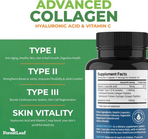 ForestLeaf Multi Collagen Pills with Hyaluronic Acid + Vitamin C | Hydrolyzed Collagen Supplements for Women or Men | Multi Collagen Capsules Peptides for Skin, Wrinkles, 120 Caps - Image 3