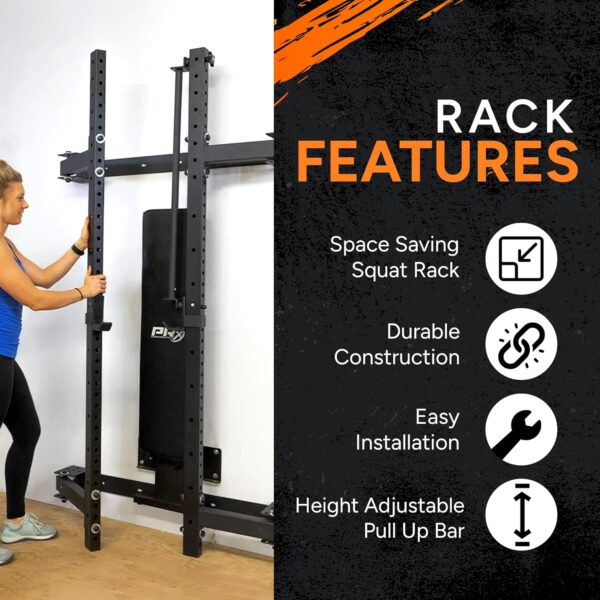 PRx Performance Wall Mounted Folding Power Squat Rack - Heavy Duty Adjustable Pull Up Bar, Space Saving Home Gym Equipment with Durable J-Cups, Ideal for Weight Lifting and Strength Training - Black - Image 6