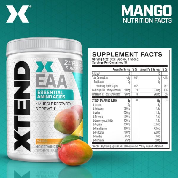 Scivation XTEND EAA + BCAA Powder | Muscle Recovery & Lean Muscle Growth | 9 Essential Amino Acids for Intra Workout or Post Workout Recovery | 10g EAAs Per 2 Servings | Mango 40 Servings - Image 3