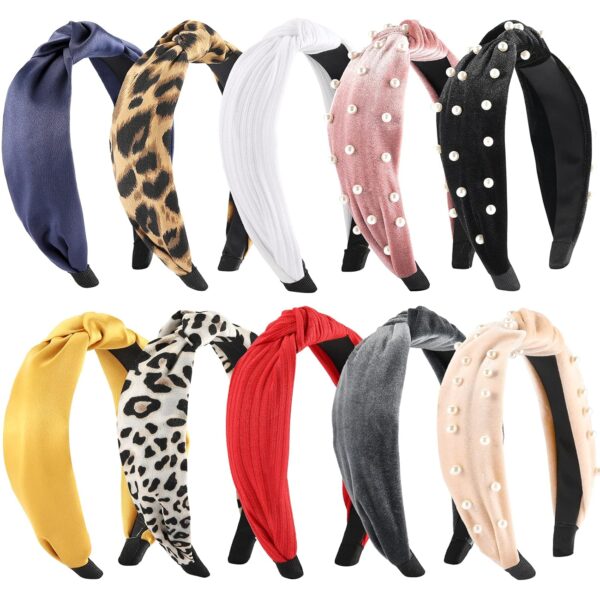 Funtopia Fashion Headbands for Women Girls, 10 Pcs Knotted Pearl Wide Top Knot Turban Hair Bands/ Hoops Vintage Velvet Leopard Print - Image 10