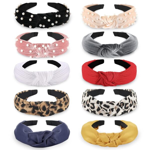 Funtopia Fashion Headbands for Women Girls, 10 Pcs Knotted Pearl Wide Top Knot Turban Hair Bands/ Hoops Vintage Velvet Leopard Print - Image 2
