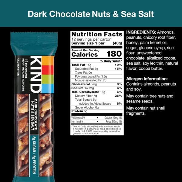 KIND Nut Bars, Dark Chocolate Nuts and Sea Salt, Healthy Snacks, Gluten Free, Low Sugar, 6g Protein, 12 Count - Image 5