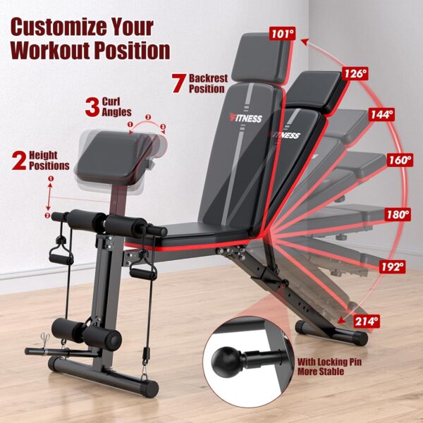 XDDIAS Adjustable Weight Bench, Workout Bench with Leg Extension and Preacher Curl Pad, Weight Bench for Home Gym, Foldable Exercise Bench, Quick Adjustment Incline Bench Press - Image 3
