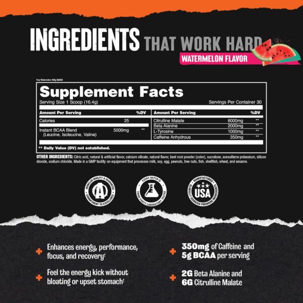 Animal Fury Pre Workout Powder Supplement for Energy and Focus 5g BCAA 350mg Caffeine Nitric Oxide Without Creatine Powerful Stimulant for Bodybuilders, Watermelon - Image 4