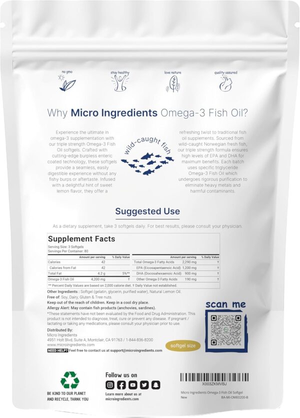 Triple Strength Omega 3 Fish Oil Supplements 4200mg Per Serving, 240 SoftgelS – Lemon Flavored – Burpless (Enteric-Coated) | EPA 1200mg + DHA 900mg | Deep Sea Fish, Wild Caught from Norwegian Waters - Image 3