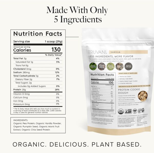 Truvani Vegan Pea Protein Powder | Vanilla | 20g Organic Plant Based Protein Per Serving | 20 Servings | Keto | Gluten & Dairy Free | Low Carb | No Added Sugar - Image 3