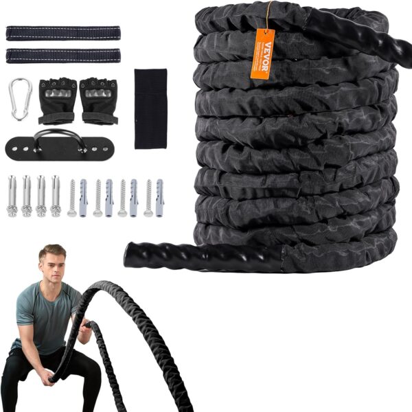 VEVOR Battle Rope, 1.5 Inch Diameter 30Ft Length Polyester Exercise Rope, Battle Exercise Equipment with Protective Sleeve & Anchor, Heavy Weighted Rope for Home Gym Workout Core Strength Training - Image 2