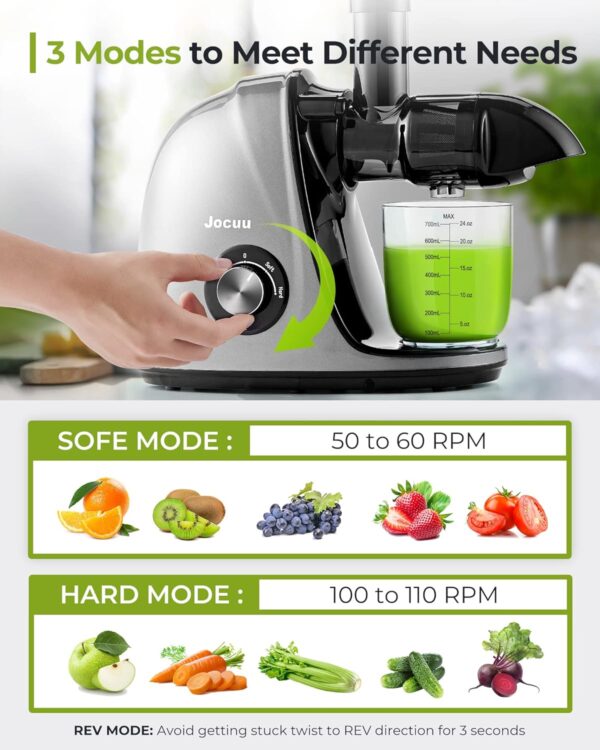 Jocuu Slow Masticating Juicer Machines with Soft Hard Modes Easy to Clean Quiet Motor & Reverse Function, Cold Press Juicer for Fruit & Vegetable, 90% Juice Yield, with Brush & Recipes (Grey) - Image 10