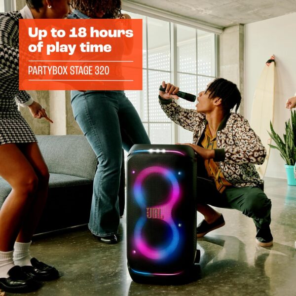 JBL PartyBox Stage 320 - Portable Party Speaker with Telescopic Handle & Wide, Sturdy Wheels, Powerful JBL Pro Sound, Futuristic lightshow, Up to 18 Hours of Play time, Splash Proof (Black) - Image 7