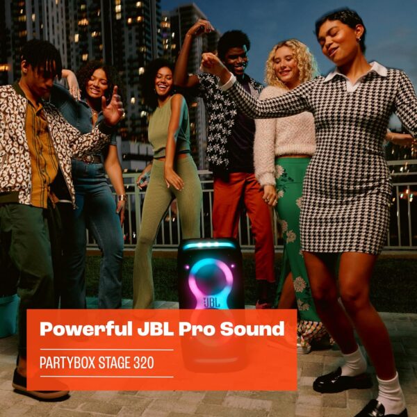 JBL PartyBox Stage 320 - Portable Party Speaker with Telescopic Handle & Wide, Sturdy Wheels, Powerful JBL Pro Sound, Futuristic lightshow, Up to 18 Hours of Play time, Splash Proof (Black) - Image 5