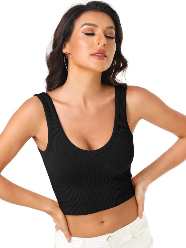 Womens Crop Tops Basic Sleeveless Both V-Neck and Round Neck 3 Pieces Black White Ribbed Seamless Casual Cami Tank Tops - Image 3