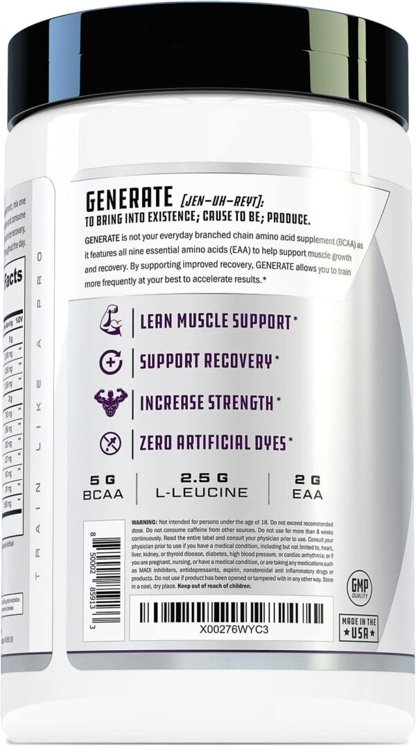 Generate EAA and BCAA Powder: Best Post Workout Recovery Drink and Branched Chain Amino Acids Supplement with Essential Amino Acids, 5g BCAAs, 2g EAAs | BlackBerry Lemonade, 30 Servings - Image 3