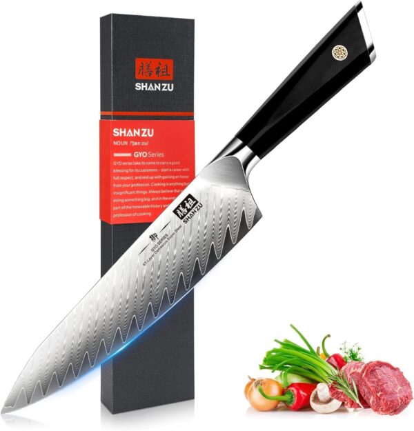 SHAN ZU Damascus Chef Knife 8 inch, 67-Layer High Carbon Steel Kitchen Knife Ultra Sharp Japanese Chef Knives, Professional Kitchen Utility Knives with G10 Ergonomic Handle/Gift Box - Image 2