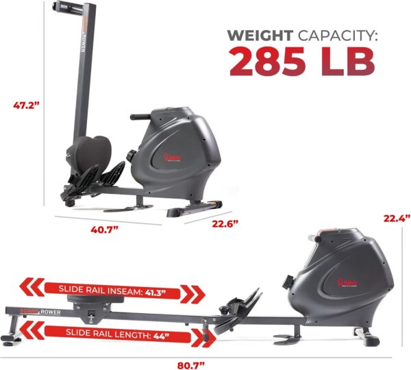 Sunny Health & Fitness Multi-Function Premium Magnetic Rowing Machine, Bicep Curls, Upward Rows, Seated Rows, Foldable Slide Rails, Digital Monitor and Optional Bluetooth with Free SunnyFit App - Image 5