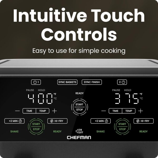 CHEFMAN 6 Quart Dual Basket Air Fryer Oven with Easy View Windows, Sync Finish, Hi-Fry, Auto Shutoff, 2 Independent 3Qt Nonstick Dishwasher Safe Frying Baskets, Digital Double Air Fryer - Black - Image 8