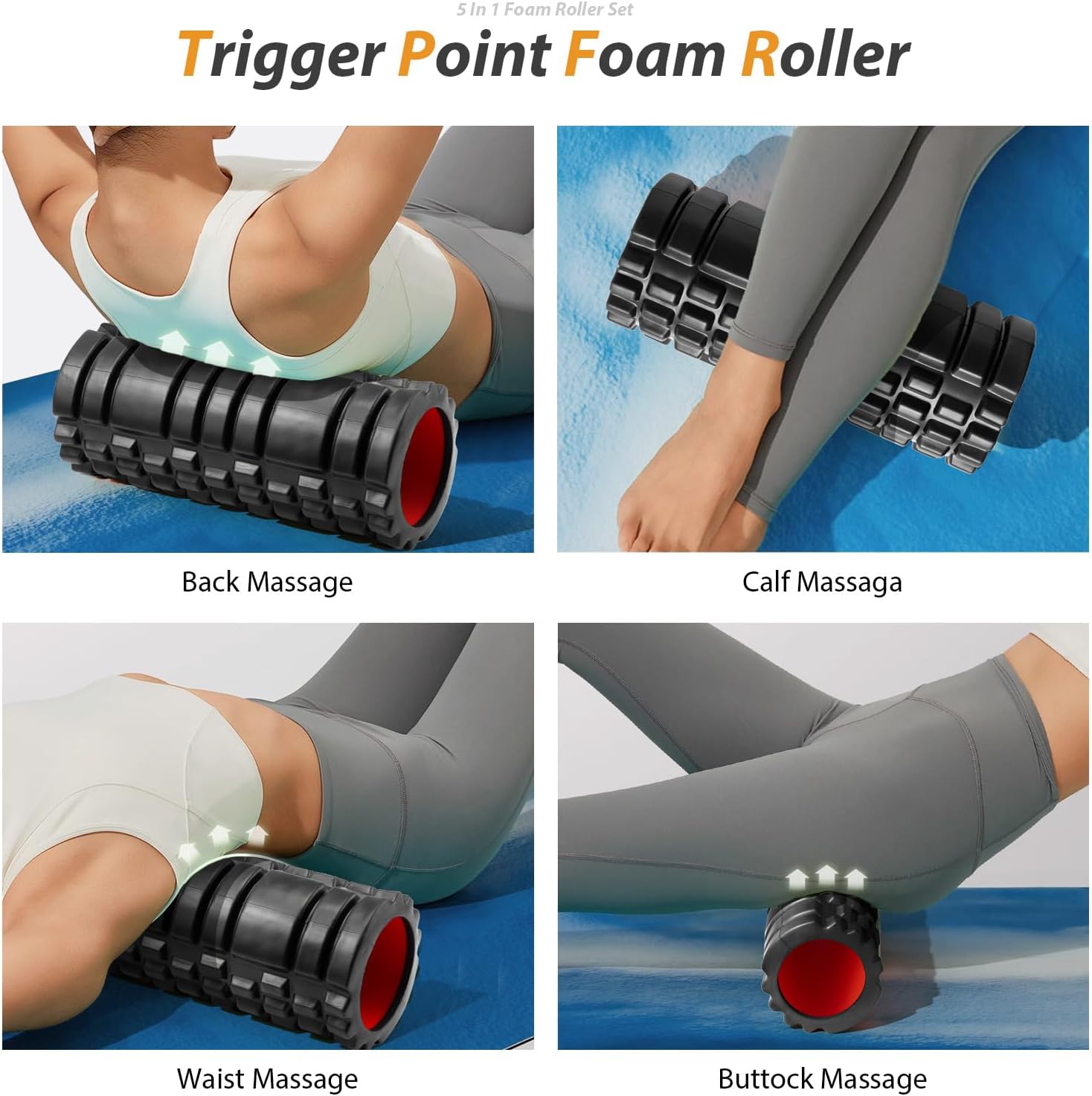 5 in1 Foam Roller Set, Trigger Point Foam Roller, Massage Roller Stick, Massage Ball, Resistance Band for Deep Muscle Massage Pilates Yoga,Fitness Exercise for Whole Body (Black-Red) - Image 4