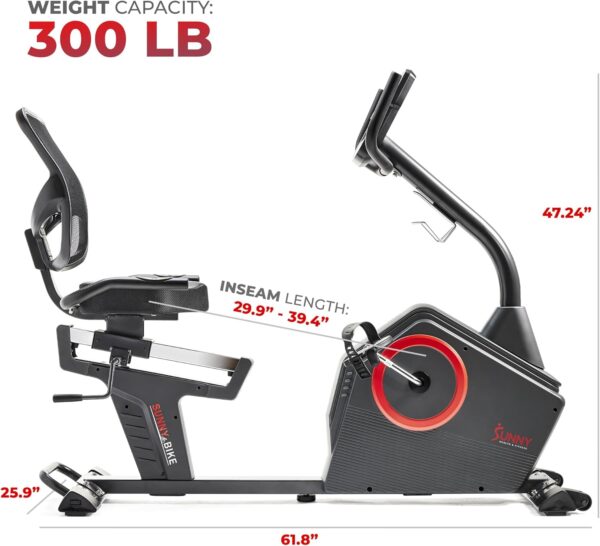 Sunny Health & Fitness Programmable 16 Levels Electro-Magnetic Resistance Recumbent Exercise Bike with 24 Pre-Build Workouts and 300 lbs Weight Capacity, Optional Free SunnyFit App Bluetooth Connect - Image 6