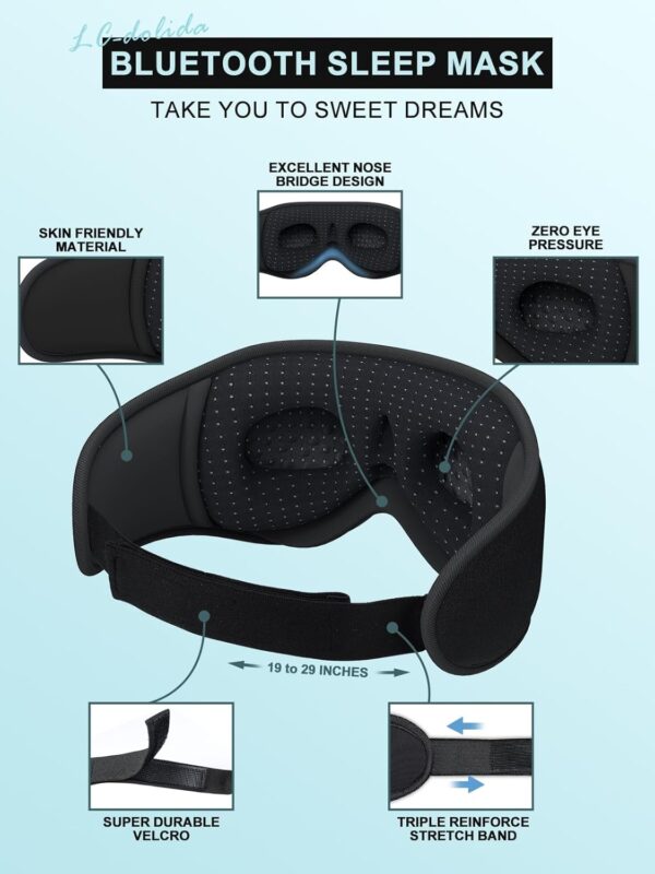 LC-dolida Sleep Headphones, 3D Sleep Mask Bluetooth Wireless Music Eye Mask, Sleeping Headphones for Side Sleepers Sleep Mask with Bluetooth Headphones Ultra-Thin Stereo Speakers Perfect for Sleeping - Image 7