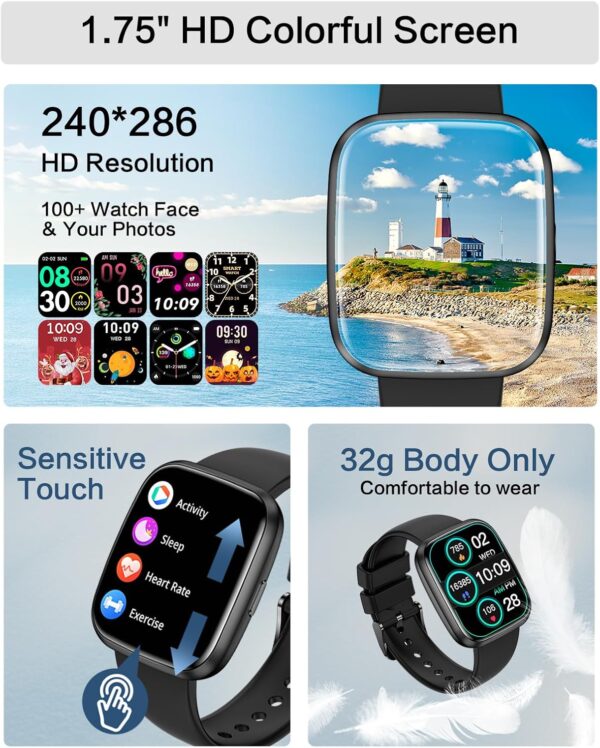 Smart Watches for Men/Women, 1.75" Bluetooth Call, AI Voice Smartwatch, 24/7 Heart Rate Monitor, Blood Pressure/SpO2/Sleep Tracker, IP68 Waterproof, 100+ Sports Fitness Tracker for Android iOS Black - Image 5