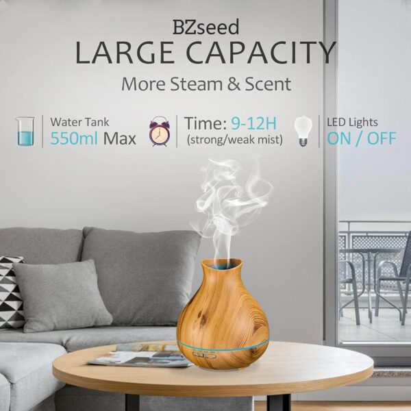 BZseed Aromatherapy Essential Oil Diffuser 550ml 12 Hours Wood Grain Aroma Diffuser with Timer Cool Mist Humidifier for Large Room, Home, Baby Bedroom, Waterless Auto Shut-off,7 Colors Lights Changing - Image 5