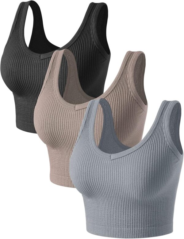 Womens Crop Tops Basic Sleeveless Both V-Neck and Round Neck 3 Pieces Black White Ribbed Seamless Casual Cami Tank Tops - Image 2