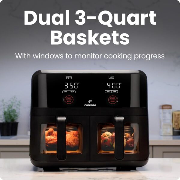CHEFMAN 6 Quart Dual Basket Air Fryer Oven with Easy View Windows, Sync Finish, Hi-Fry, Auto Shutoff, 2 Independent 3Qt Nonstick Dishwasher Safe Frying Baskets, Digital Double Air Fryer - Black - Image 6
