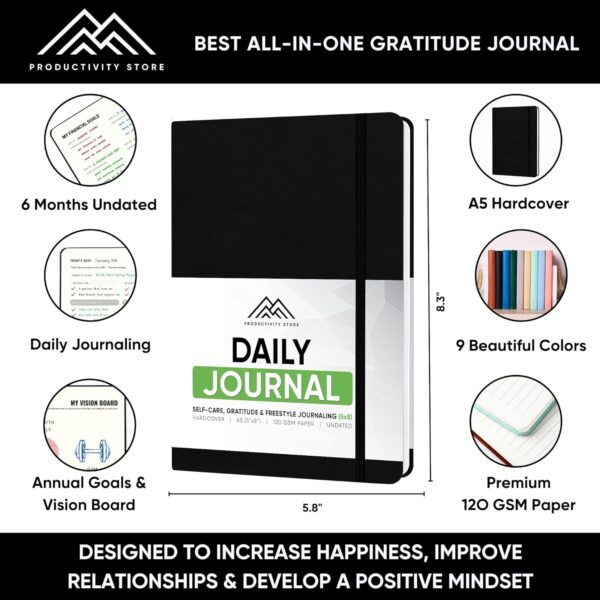 Journal For Men & Women - Gratitude Journal & Self Care Journal With Prompts - A5 Journaling Notebook - Black - Productivity Store - Image 3