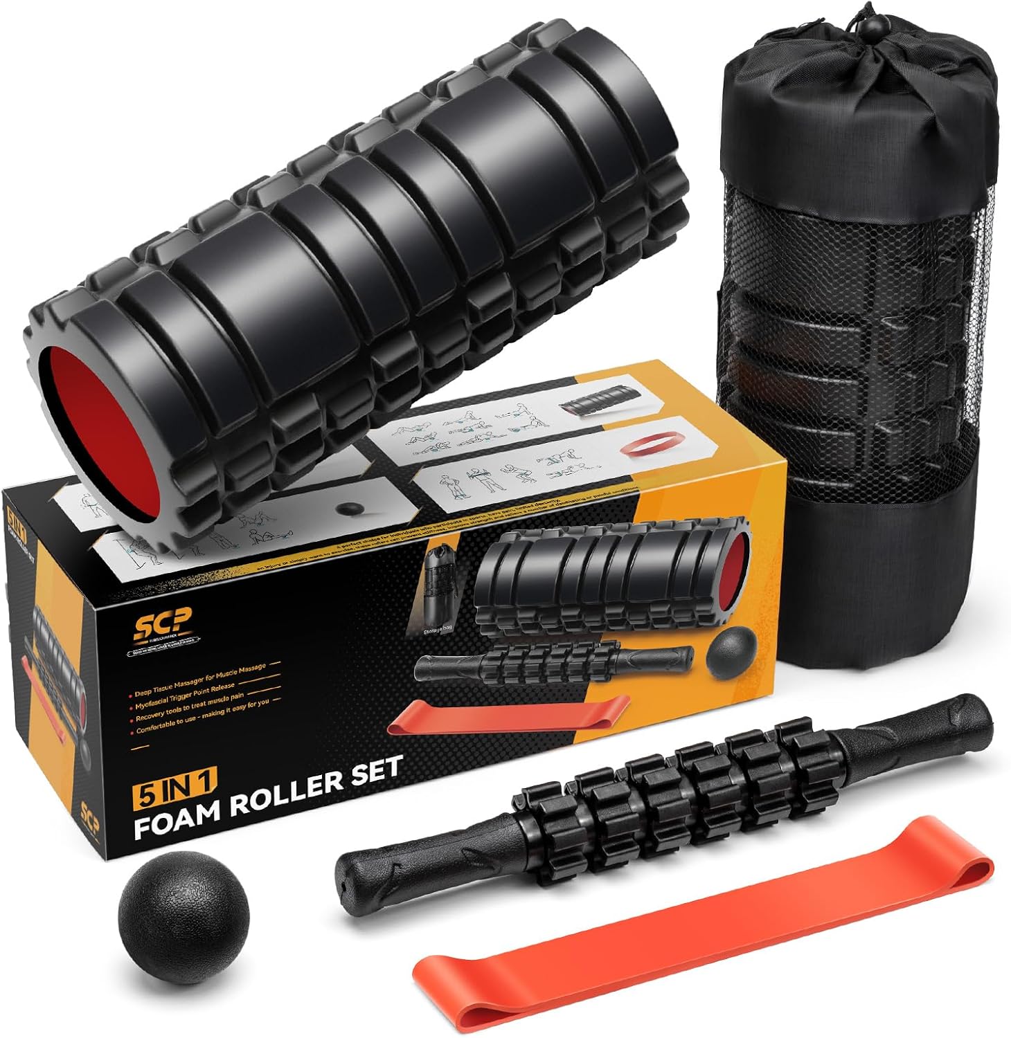 5 in1 Foam Roller Set, Trigger Point Foam Roller, Massage Roller Stick, Massage Ball, Resistance Band for Deep Muscle Massage Pilates Yoga,Fitness Exercise for Whole Body (Black-Red) - Image 10