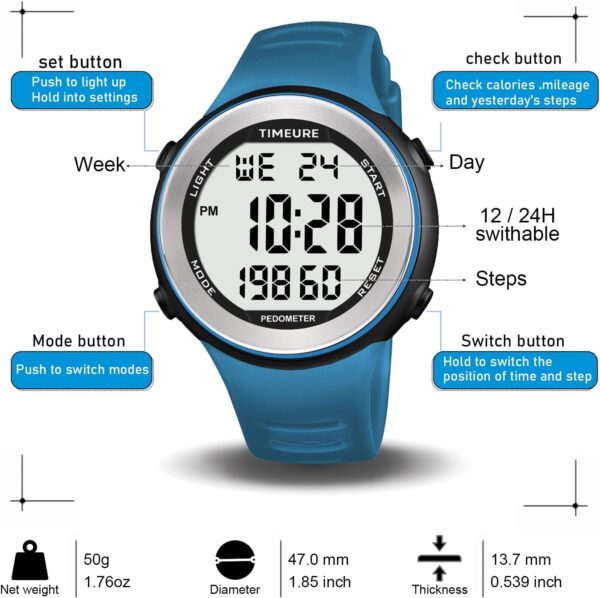 Mens Pedometer Watch for Walking Step Counter Watch No Charging, No App Connection, with EL Backlight. Simple, Practical Choice for Mobile-Free Fitness Enthusiasts TIMEURE-2308 - Image 5