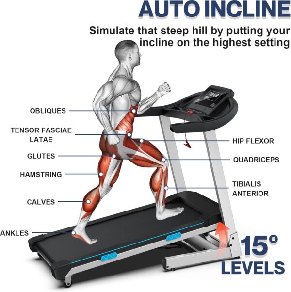 WELLFIT Foldable Heavyduty Treadmills for Home, 4.0HP Treadmill for 400lb+ Weight Capacity 6.5ft+, 95% Assembled, Treadmill with Adjustable Handle, LED Console, 45*18" Large Area, 15 Automatic Incline - Image 3