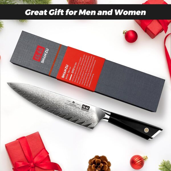 SHAN ZU Damascus Chef Knife 8 inch, 67-Layer High Carbon Steel Kitchen Knife Ultra Sharp Japanese Chef Knives, Professional Kitchen Utility Knives with G10 Ergonomic Handle/Gift Box - Image 8