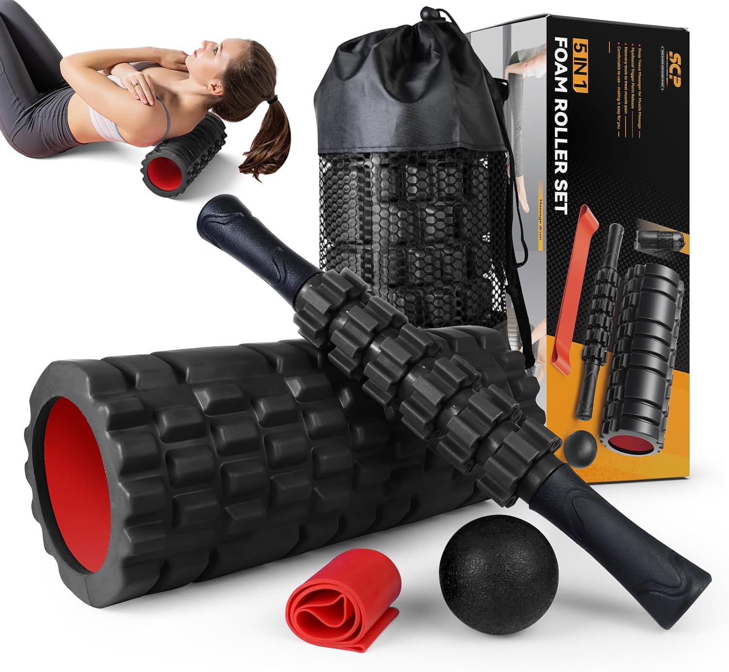 5 in1 Foam Roller Set, Trigger Point Foam Roller, Massage Roller Stick, Massage Ball, Resistance Band for Deep Muscle Massage Pilates Yoga,Fitness Exercise for Whole Body (Black-Red) - Image 2