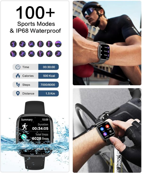 Smart Watches for Men/Women, 1.75" Bluetooth Call, AI Voice Smartwatch, 24/7 Heart Rate Monitor, Blood Pressure/SpO2/Sleep Tracker, IP68 Waterproof, 100+ Sports Fitness Tracker for Android iOS Black - Image 4