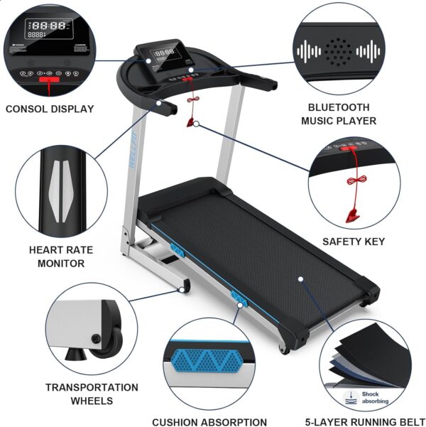 WELLFIT Foldable Heavyduty Treadmills for Home, 4.0HP Treadmill for 400lb+ Weight Capacity 6.5ft+, 95% Assembled, Treadmill with Adjustable Handle, LED Console, 45*18" Large Area, 15 Automatic Incline - Image 6