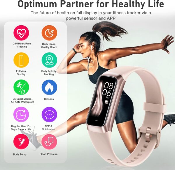 Fitness Tracker with 24/7 Heart Rate, Blood Oxygen Blood Pressure Sleep Monitor, Activity Trackers 5 ATM Waterproof,Step Calorie Counter Pedometer Health Smart Watch for Women Men Pi - Image 3