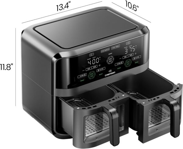CHEFMAN 6 Quart Dual Basket Air Fryer Oven with Easy View Windows, Sync Finish, Hi-Fry, Auto Shutoff, 2 Independent 3Qt Nonstick Dishwasher Safe Frying Baskets, Digital Double Air Fryer - Black - Image 9