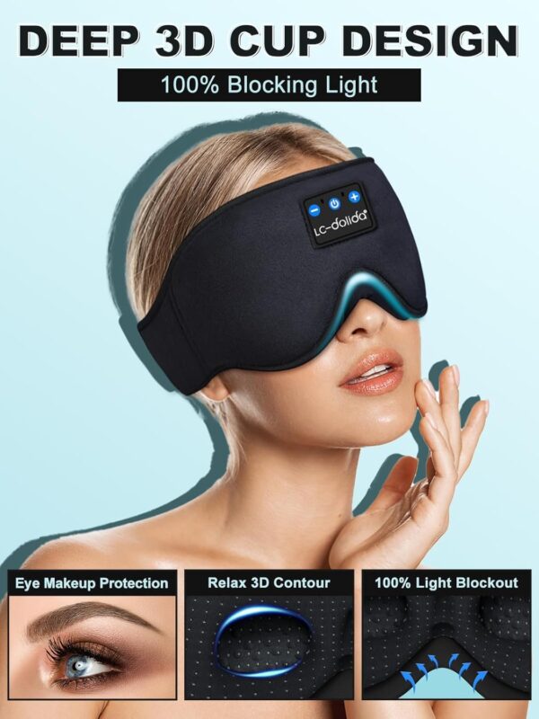 LC-dolida Sleep Headphones, 3D Sleep Mask Bluetooth Wireless Music Eye Mask, Sleeping Headphones for Side Sleepers Sleep Mask with Bluetooth Headphones Ultra-Thin Stereo Speakers Perfect for Sleeping - Image 3