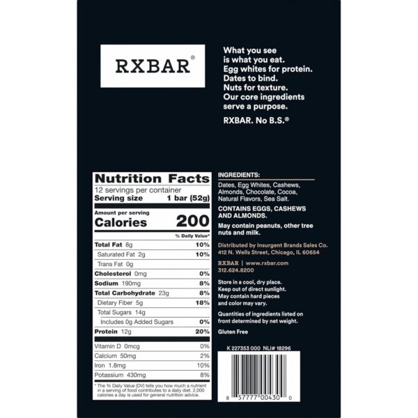 RXBAR Protein Bars, Protein Snack, Snack Bars, Chocolate Sea Salt, 22oz Box (12 Bars) - Image 11