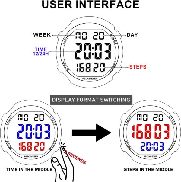 Mens Pedometer Watch for Walking Step Counter Watch No Charging, No App Connection, with EL Backlight. Simple, Practical Choice for Mobile-Free Fitness Enthusiasts TIMEURE-2308 - Image 10
