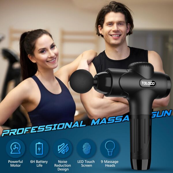TOLOCO Massage Gun Deep Tissue, Percussion Massage Gun with 10 Replacement Heads, Super Quiet Portable Electric Massager for Athletes, Relax, Black - Image 8