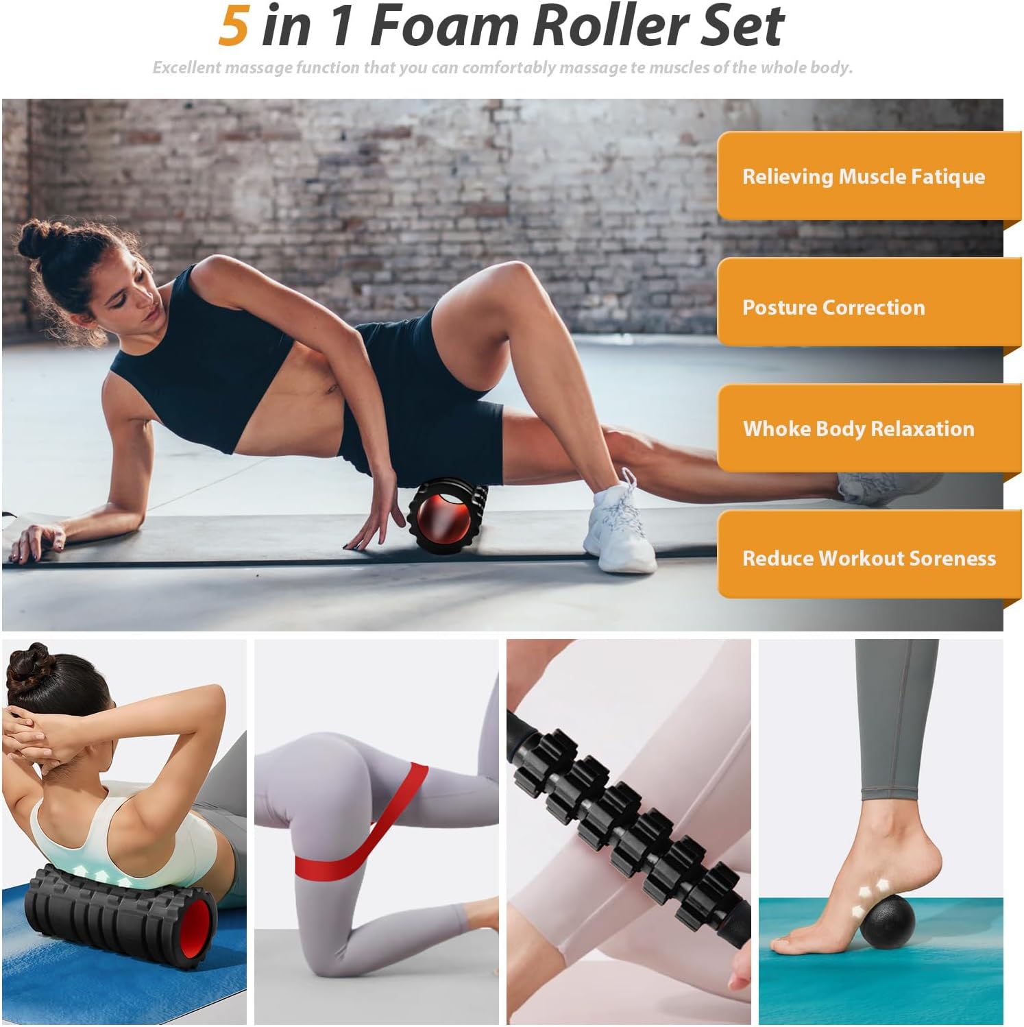 5 in1 Foam Roller Set, Trigger Point Foam Roller, Massage Roller Stick, Massage Ball, Resistance Band for Deep Muscle Massage Pilates Yoga,Fitness Exercise for Whole Body (Black-Red) - Image 3