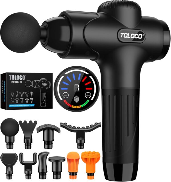 TOLOCO Massage Gun Deep Tissue, Percussion Massage Gun with 10 Replacement Heads, Super Quiet Portable Electric Massager for Athletes, Relax, Black - Image 2
