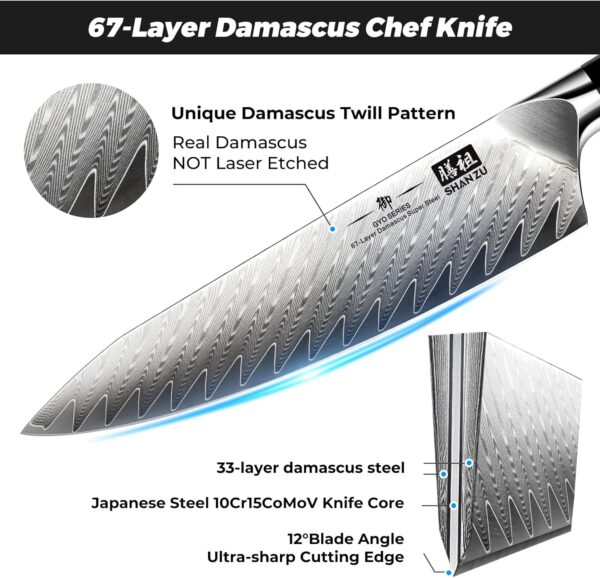 SHAN ZU Damascus Chef Knife 8 inch, 67-Layer High Carbon Steel Kitchen Knife Ultra Sharp Japanese Chef Knives, Professional Kitchen Utility Knives with G10 Ergonomic Handle/Gift Box - Image 3