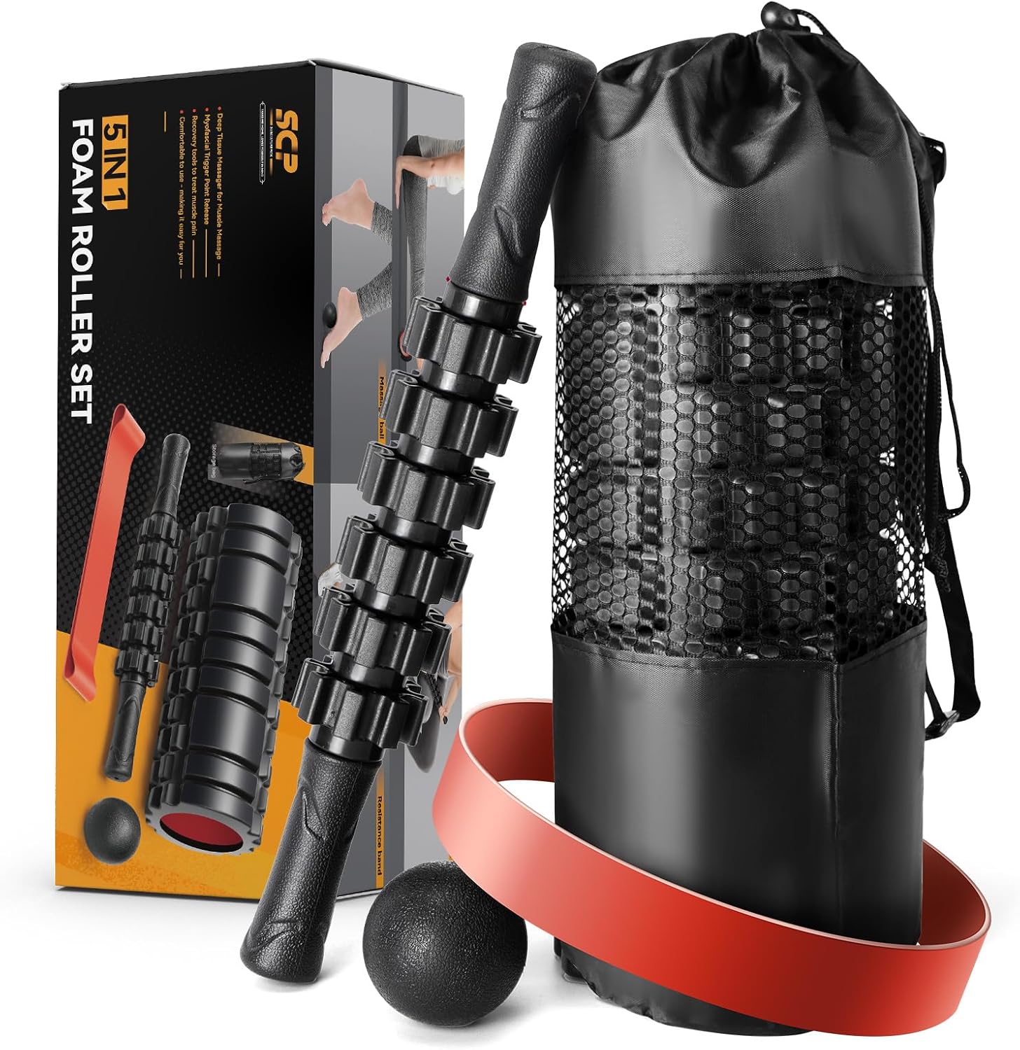 5 in1 Foam Roller Set, Trigger Point Foam Roller, Massage Roller Stick, Massage Ball, Resistance Band for Deep Muscle Massage Pilates Yoga,Fitness Exercise for Whole Body (Black-Red) - Image 9