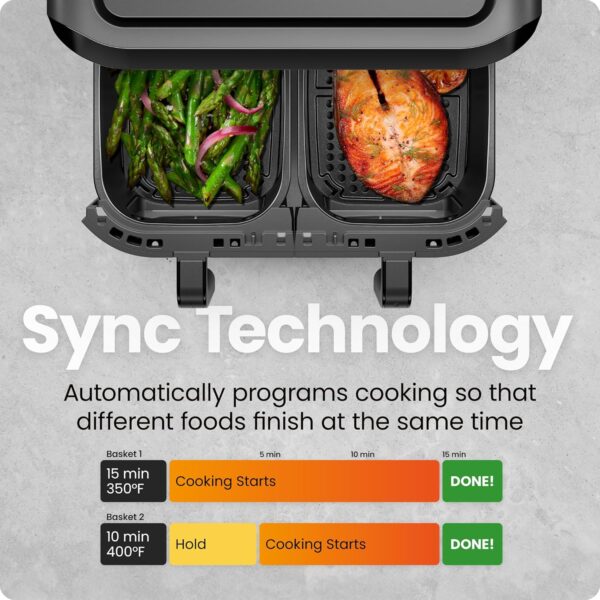 CHEFMAN 6 Quart Dual Basket Air Fryer Oven with Easy View Windows, Sync Finish, Hi-Fry, Auto Shutoff, 2 Independent 3Qt Nonstick Dishwasher Safe Frying Baskets, Digital Double Air Fryer - Black - Image 5