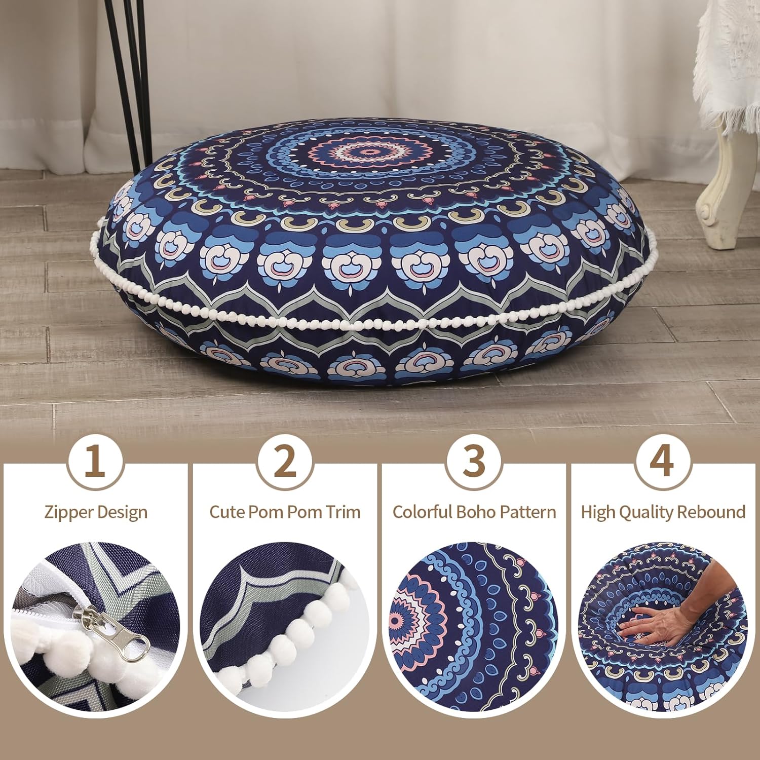 32 inches Meditation Floor Cushion for Adults, Round Large Thick Floor Pillow, Memory Foam Filling, Navy Blue - Image 3