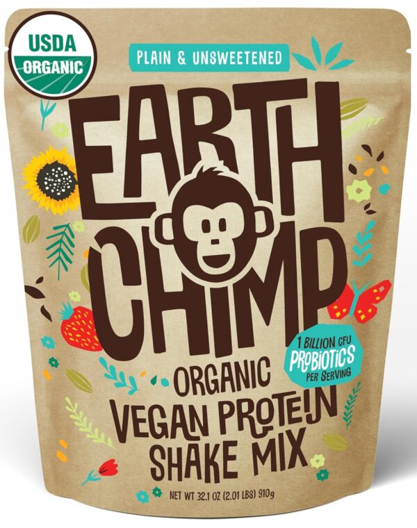 EarthChimp Organic Vegan Protein Powder - with Probiotics - Non GMO, Dairy Free, Non Whey, Plant Based Protein Powder for Women and Men, Gluten Free - 26 Servings 32 Oz (Plain & Unsweetened) - Image 2